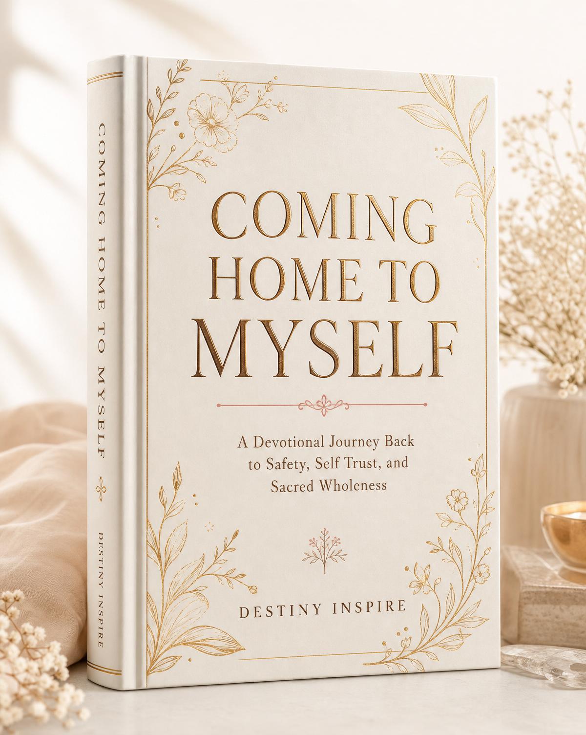 Coming Home to Myself devotional cover, warm ivory with champagne gold botanical detailing