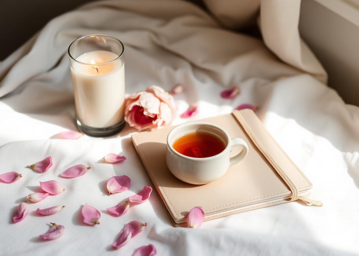 A quiet ivory devotional and tea on soft linen